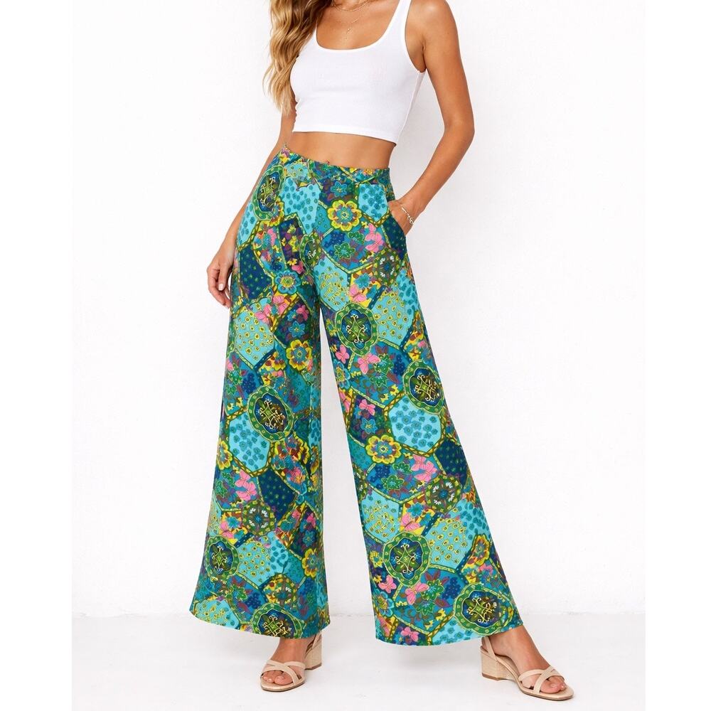 Vintage Handmade Patchwork Floral Wide Leg Pants Green Size M/L Boho Hippie Chic